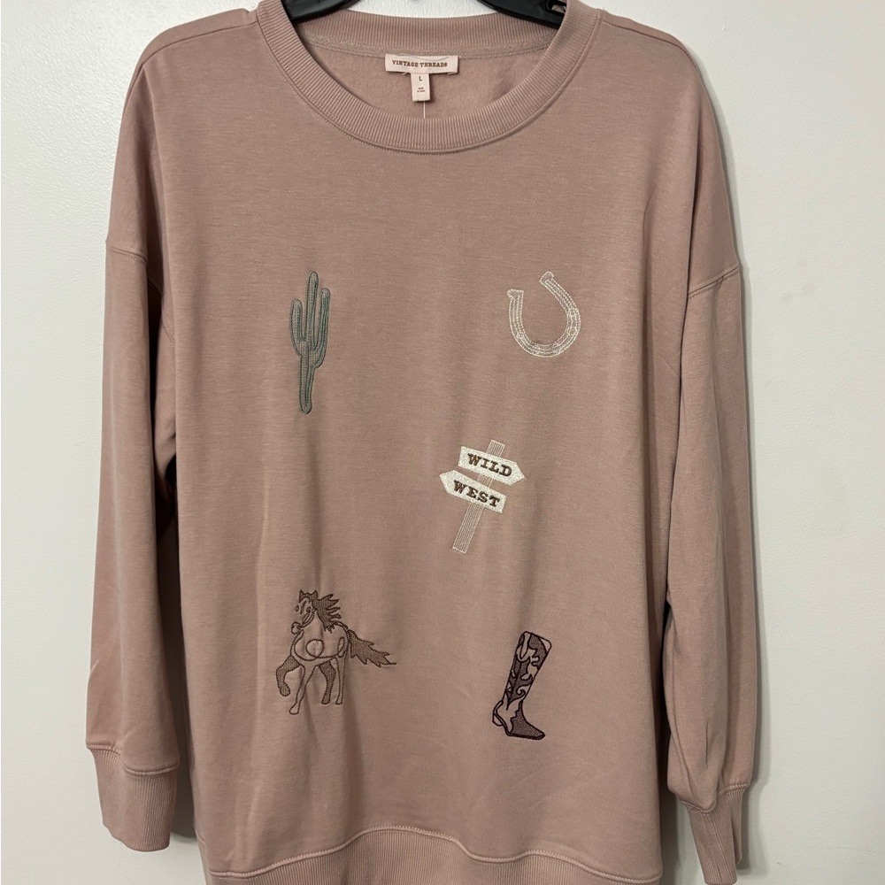 Western Graphic Crew Neck Sweater - Pink